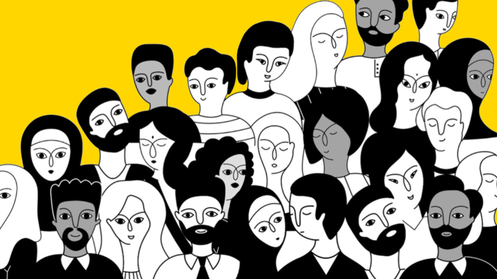 poster with yellow background, hand-drawn people from different races and ethnicities